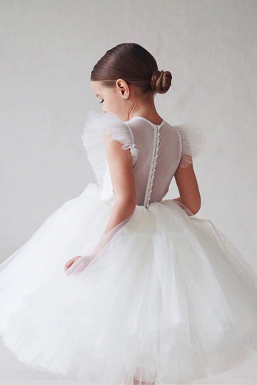 Branco A Linha Pescoço Redondo Mangas Tulle Flor Menina Vestido